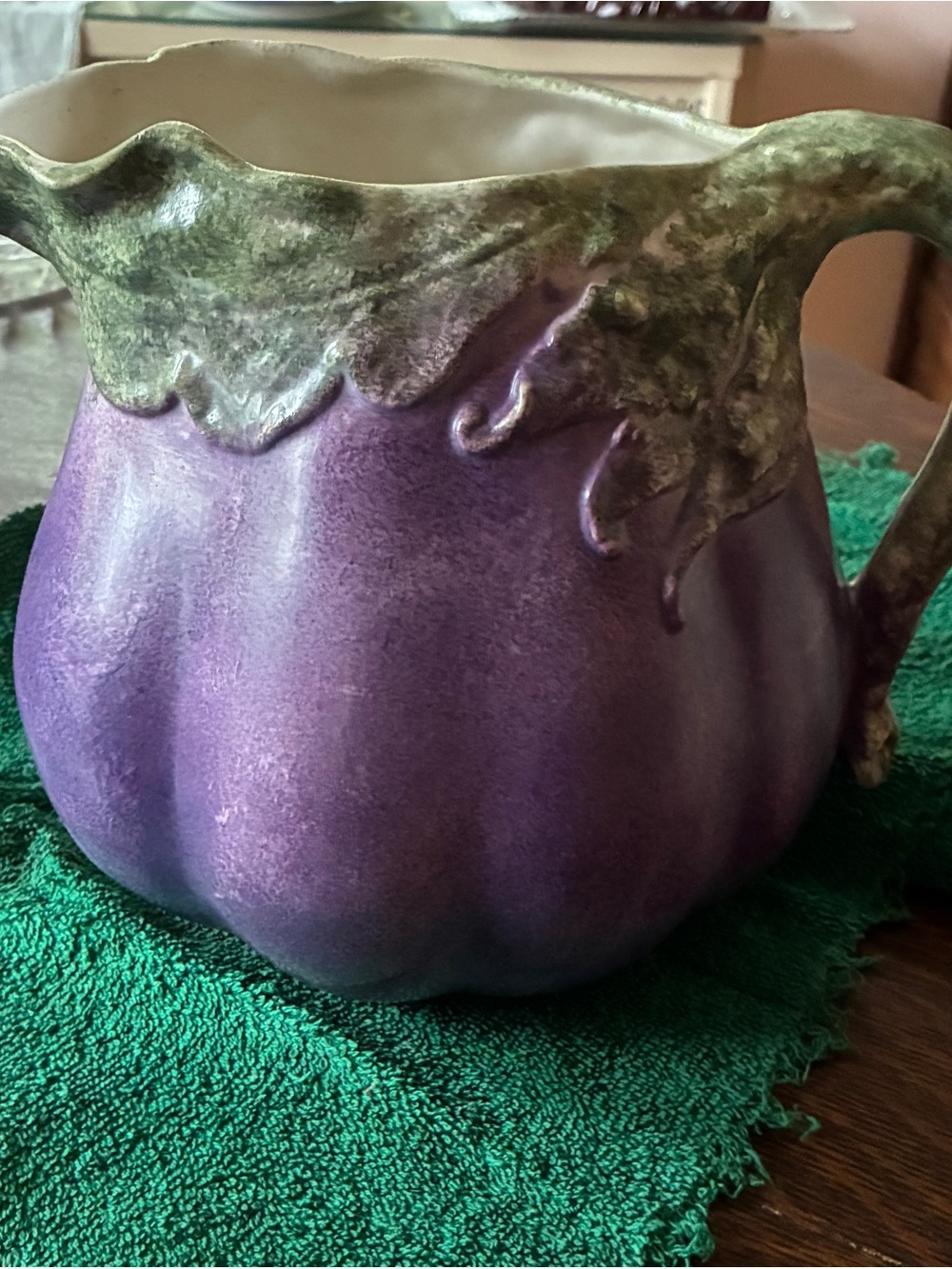 Handcrafted Vintage Majolica Eggplant Ceramic Pitcher
